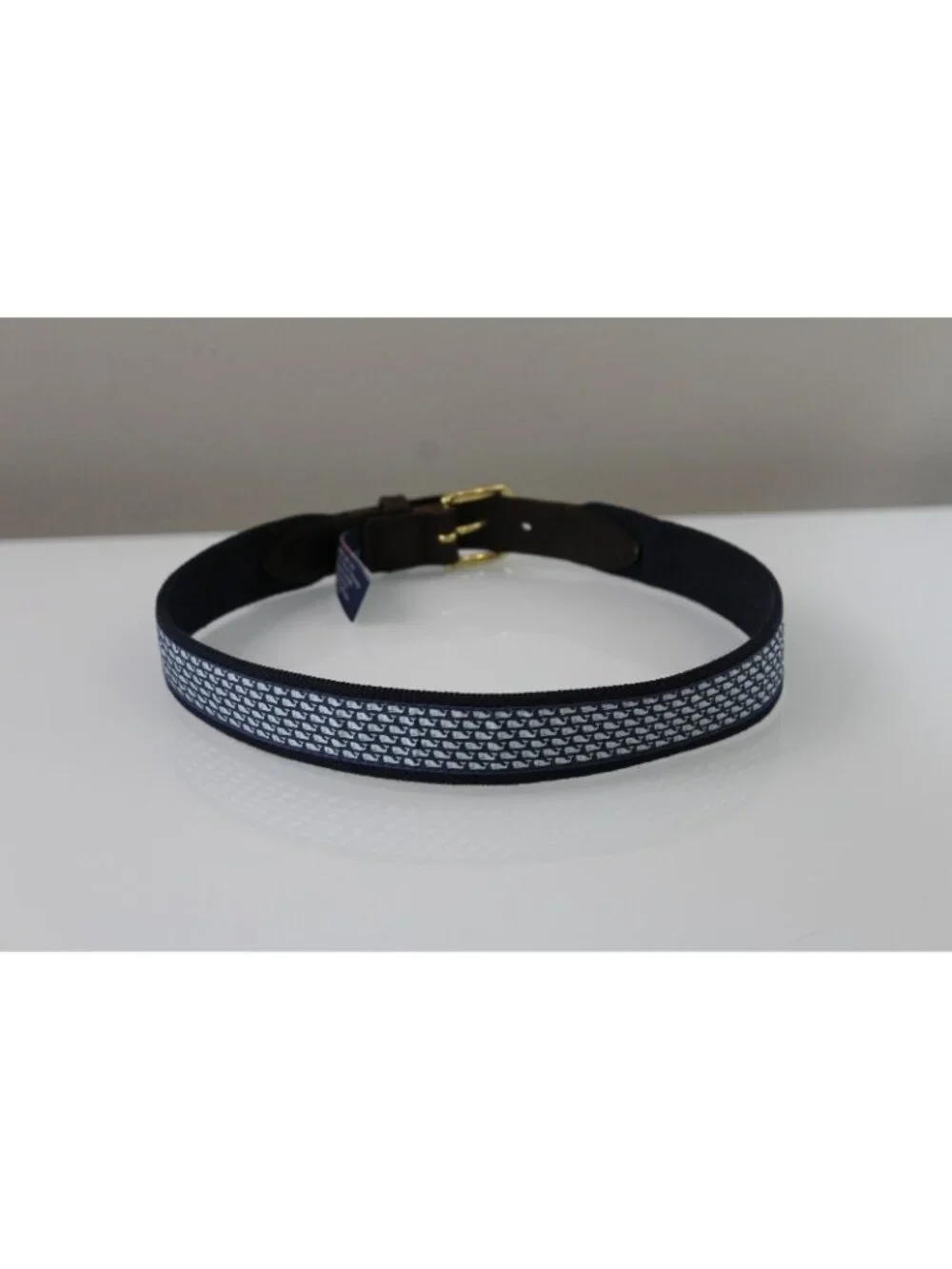 Vineyard Vines Blue Micro Whale Print Canvas Belt Youth 28 Leather Brass Buckle